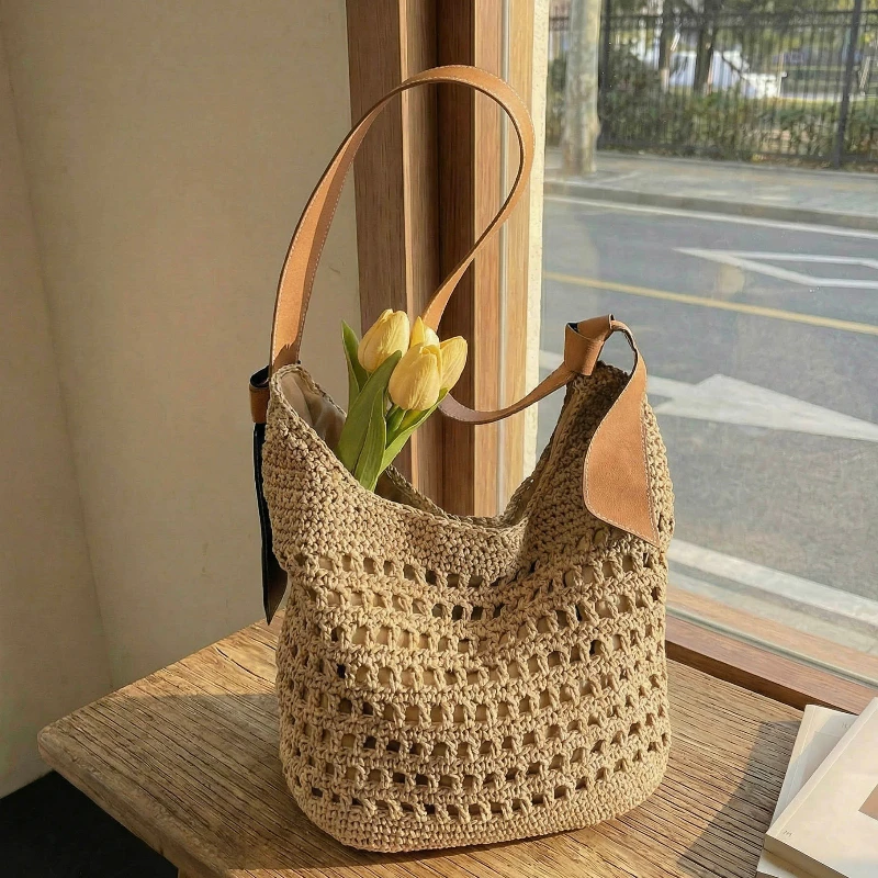 

Large Capacity Woven Casual and Simple Tote Bag Women Fashion Hollow Versatile Shoulder Bags Beach Vacation Cotton Handbag