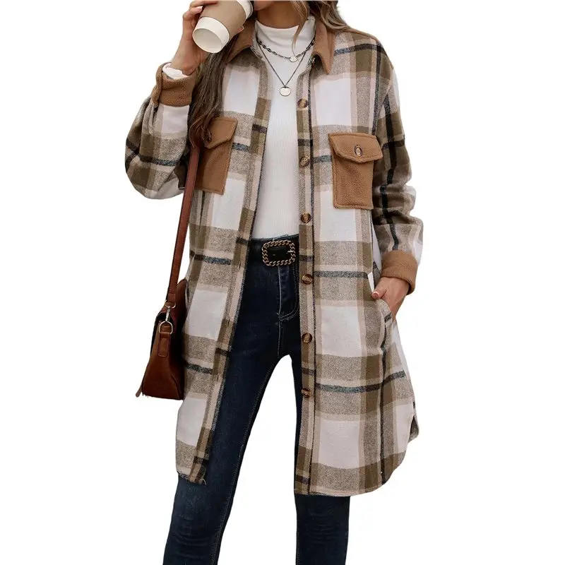 AEA7-Women's Plaid Shacket Jacket Long Sleeve Button Up Flannel Shirt Casual Shaket Lapel Coats