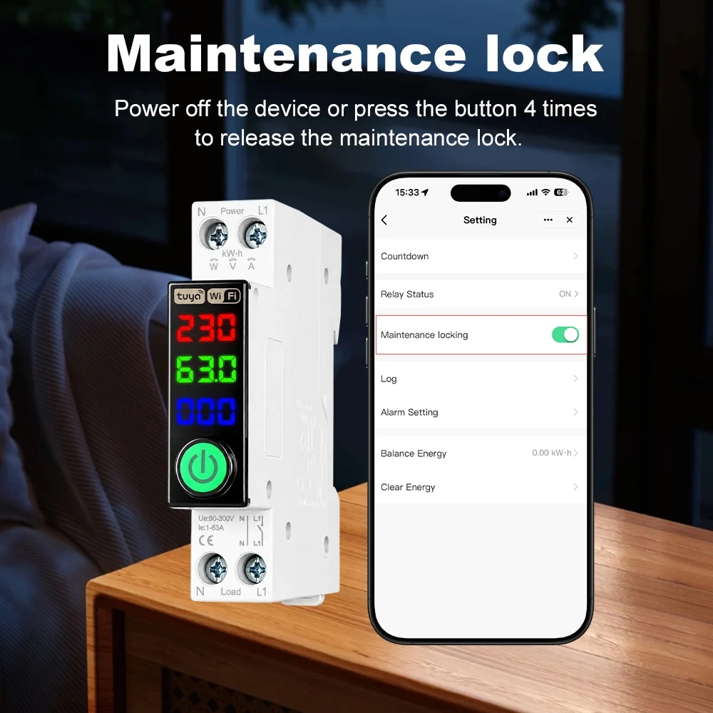 Manhot WiFi Circuit Breaker LED Display Energy Metering kWh Voltage Current Meter Protector Voice Remote Control Switch 1P+N 63A view 5
