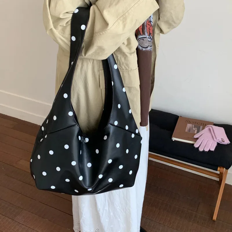 

Винтажная сумка через плечо с узором в горошек, женская повседневная сумка-тоут большой вместимости, модная универсальная сумка с застежкой, корейская сумка для поездок на работу из искусственной кожи