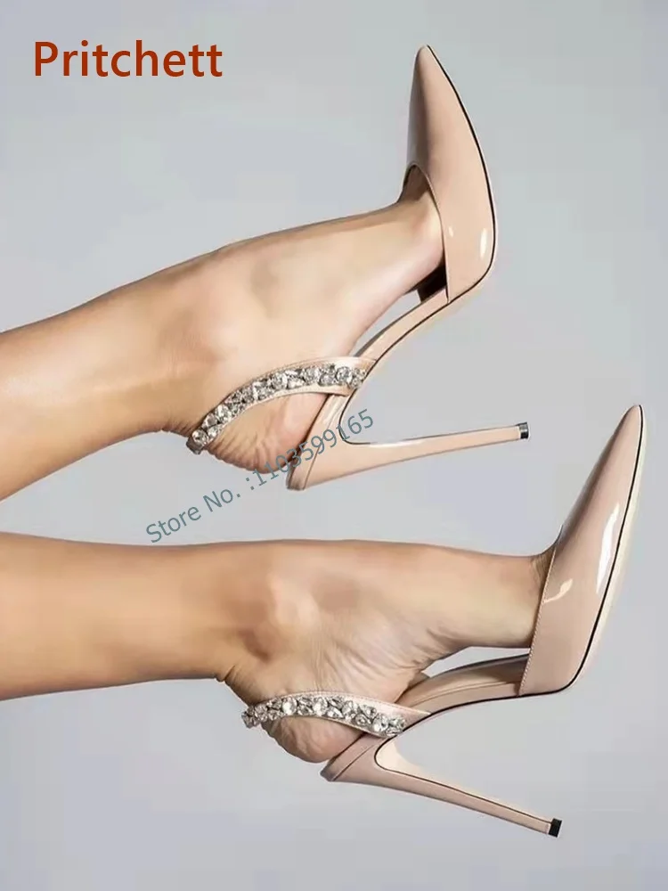 Sandalias con tacón de charol fino y Punta puntiaguda para mujer, zapatos de tacón de aguja sin cordones, Sexy, para fiesta de verano