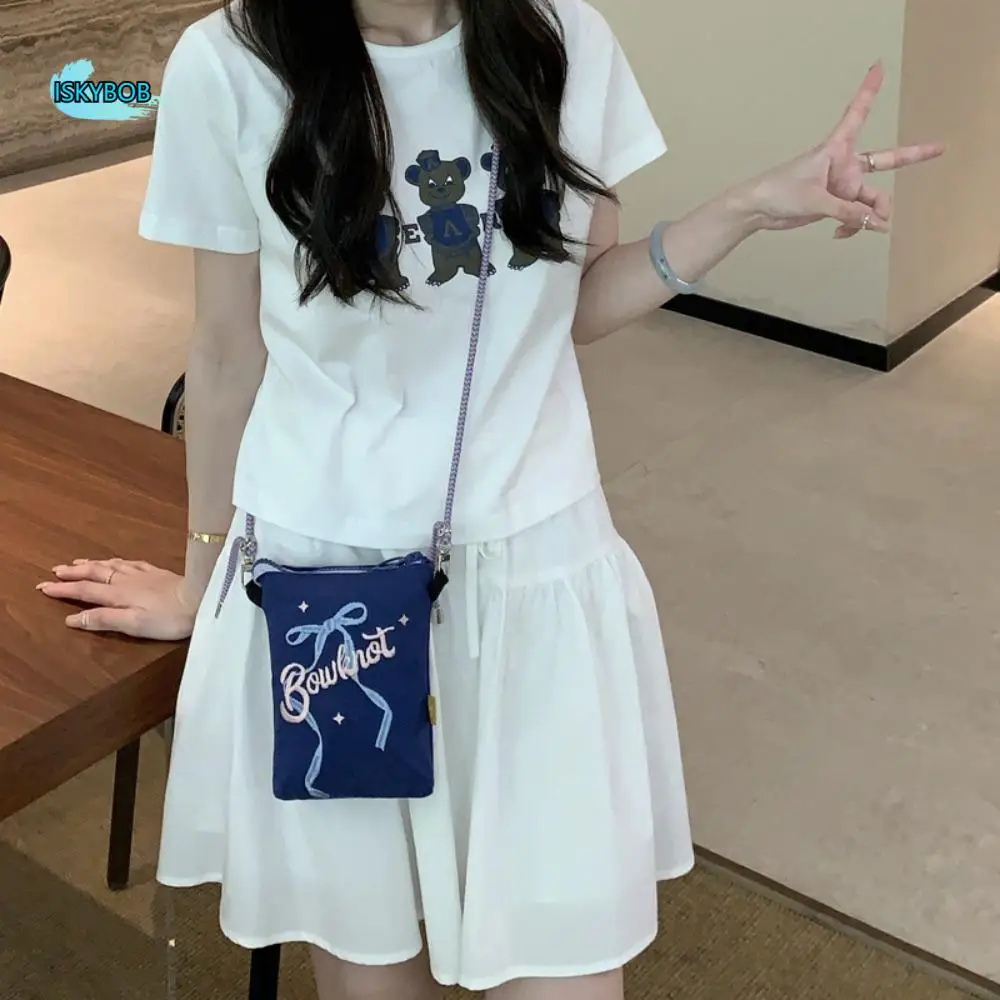 

Милая сумка через плечо с вышивкой и бантом на молнии, синяя сумка для мобильного телефона Y2K, сумка для хранения в корейском стиле, сумка через плечо для телефона для девочек