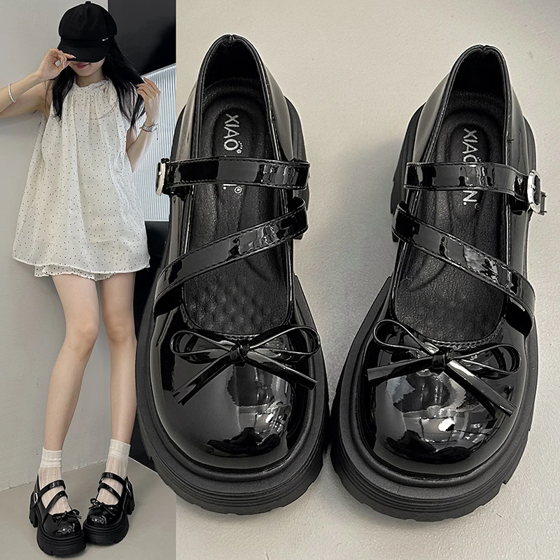 Черные женские кожаные туфли на толстой подошве во французском стиле ретро, новая осенняя юбка 2025, одинарные туфли Мэри Джейн с неглубоким носком