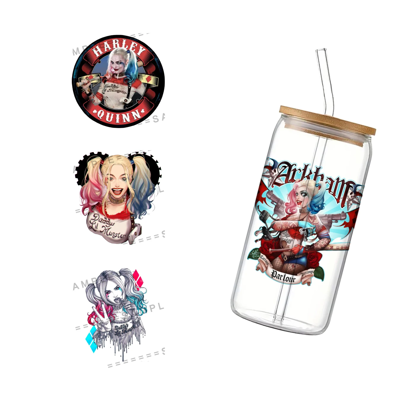 DC Harley Quinn Clown UV DTF Cup Wrap for 16Oz Libbey The Clown Princess of Crime Glass Can DIY Transfer Sticker