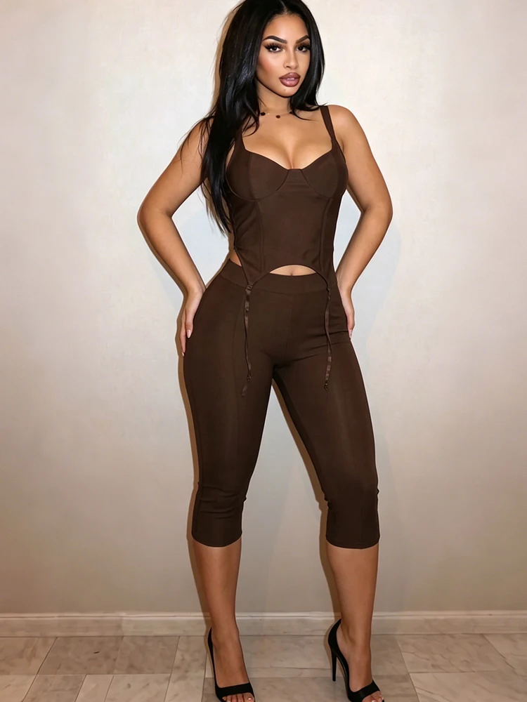 

Sisterlinda Chic Casual 2 Piece Set Woman Low-Neck Backless Tassel Irregular Tank Tops+Crop Pants Simple Fashion Club Tracksuits