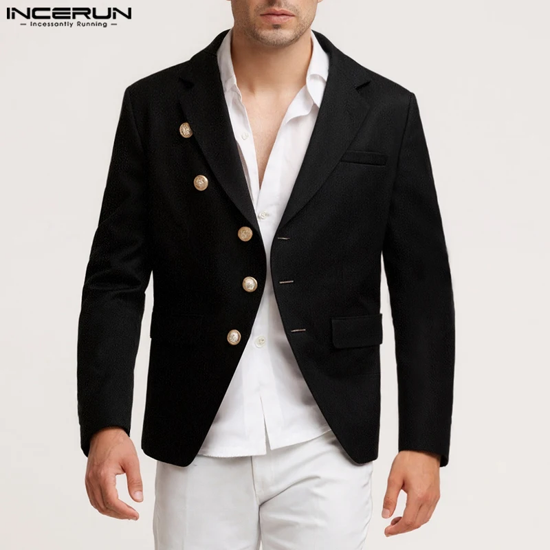 

INCERUN Men Blazer Solid Color Lapel Long Sleeve Button Casual Male Suit Streetwear Spring Autumn Elegant Fashion Thin Coats Men