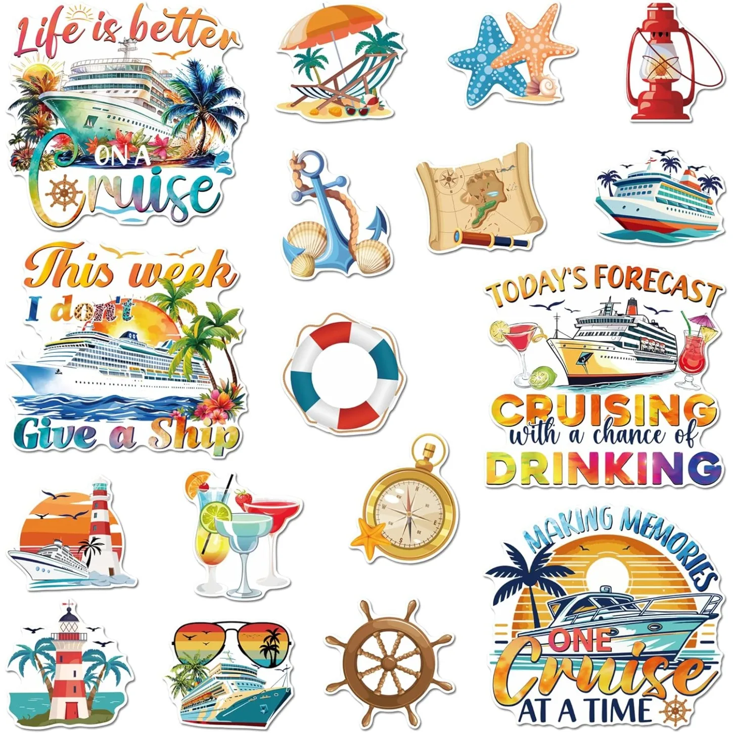 17 Pieces of Cruise Door Decoration Tiles Fun Drinking Cruise Tiles, Tropical Sailing Magnetic Door Logo Tiles Refrigerator Tile