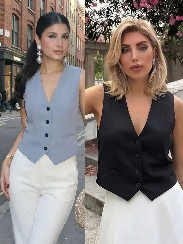 HH Vintage Retro Women Vest Fitted Waist Button Tops for Woman Classic Style Casual Daily Wear Elegant Outfits Vests Top