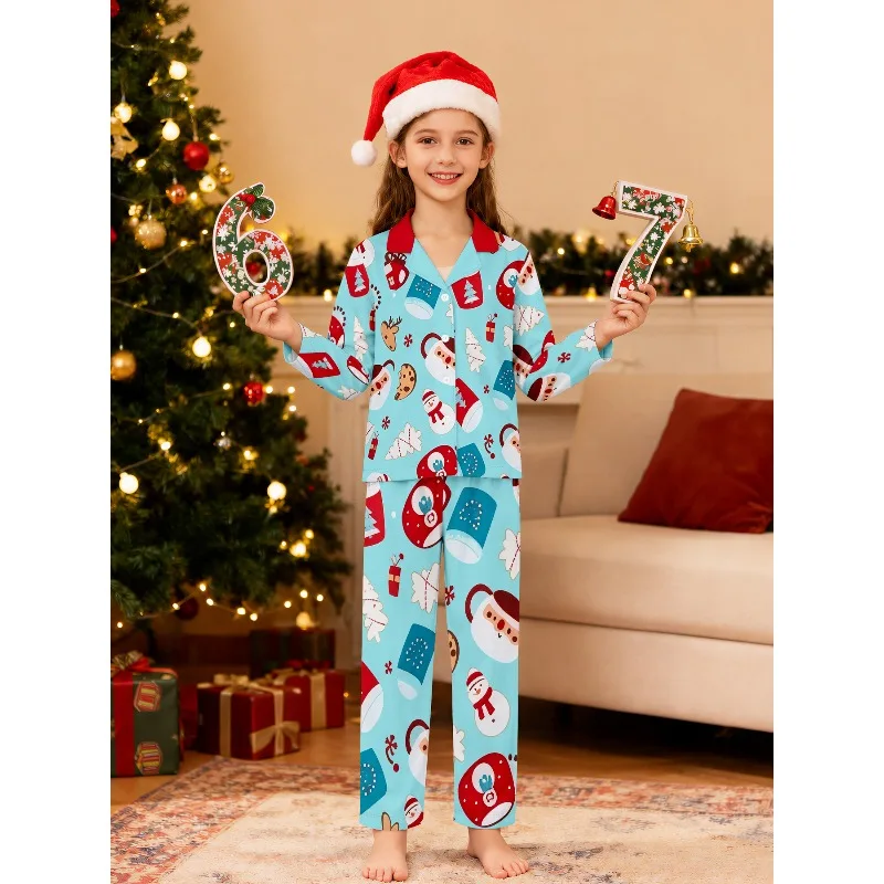 Unisex Girls Christmas Pajama Set Santa Snowman Truck Elf Print Long Sleeve Sleepwear Home Suit Gift for Xmas Holiday Birthday