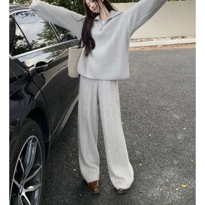 French Style Fashion Set, 2025 New Spring Casual Loose-fitting and Slimming Women's Sweater and Wide-leg Pants Two-piece Set