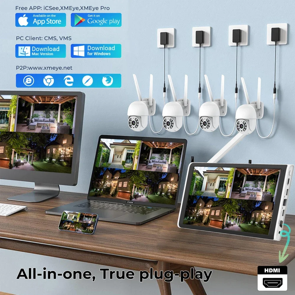 Wireless Security Camera System for Home, 3MP Auto Tracking Outdoor Surveillance 4 Cameras with 10CH NVR built-in 10.1