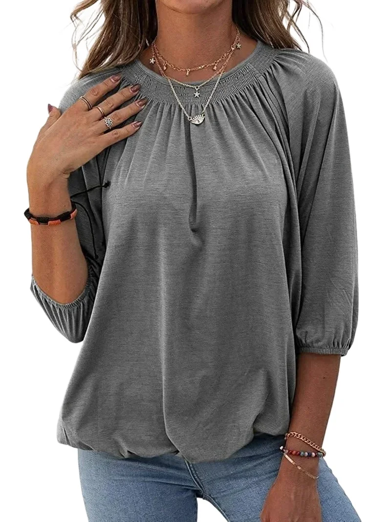 Solid Color Crewneck Pleated T-shirt 2025 Spring Pullover Tops for Women Half Sleeve Loose Casual Shirts Female Oversized Tunics