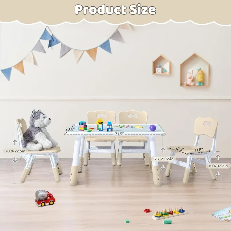 Toddler Table and 4 Chairs Set, Height Adjustable Kids Table and Chair Set, 31.5''L x 23.6''W, Marble Pattern