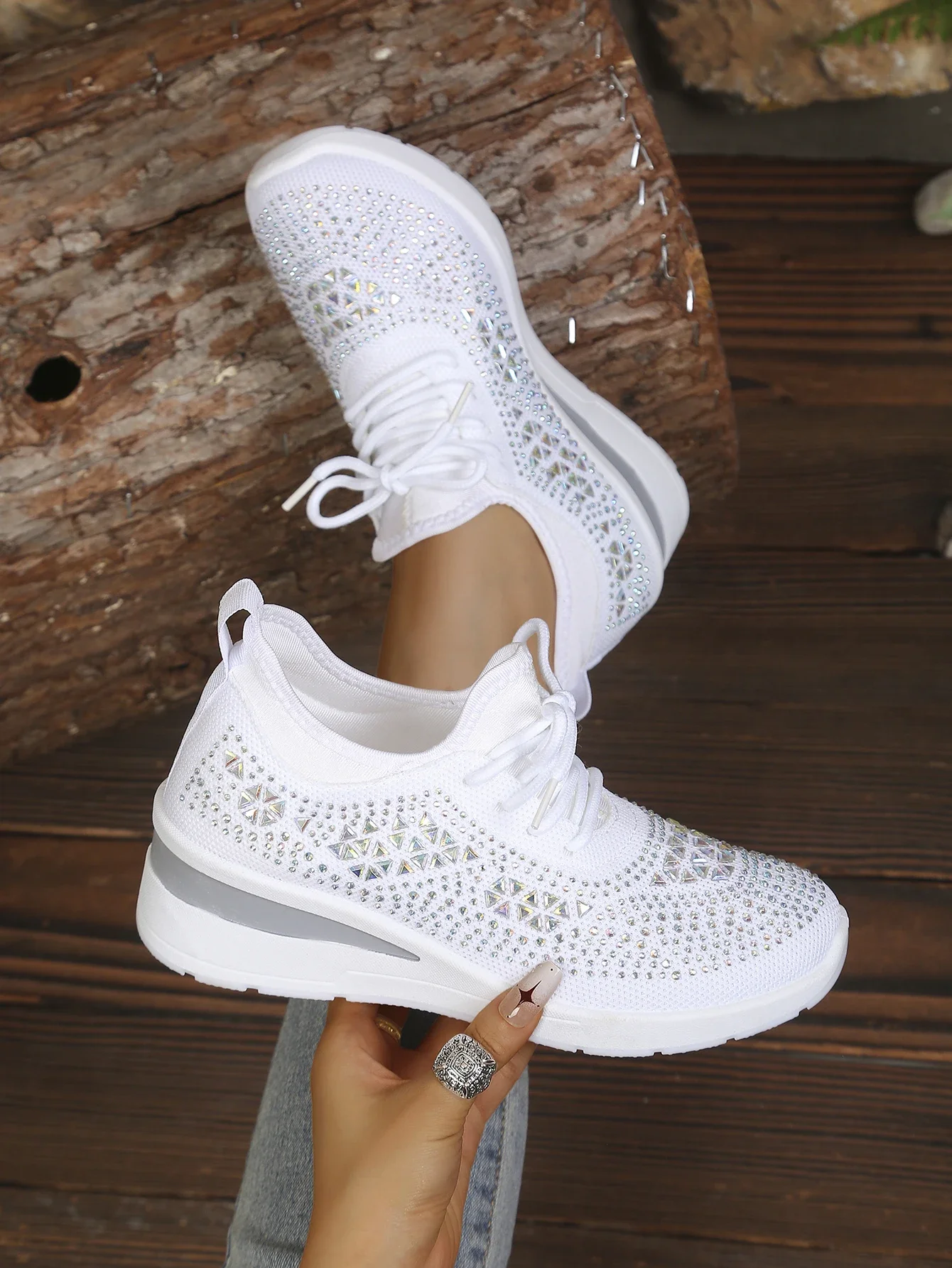 Damen Casual Walking Sneakers Atmungsaktives Mesh Geometrische Strass Versteckte Höhe Keilabsatz Plateau-Schuhe Kostenloser Versand Schuhe – Detail 28