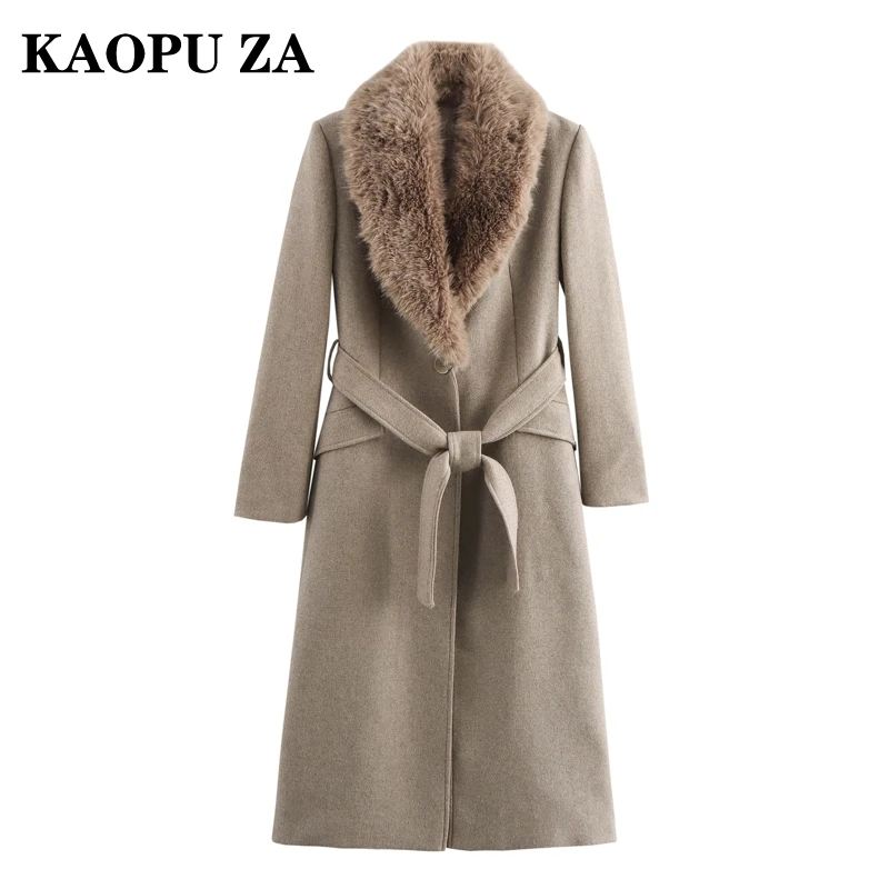 KAOPU ZA 2024 Winter Female Commuting Long Sleeve Tweed Overcoat Jacket Party Autumn Woman Faux collar Outerwear Keep warm Top