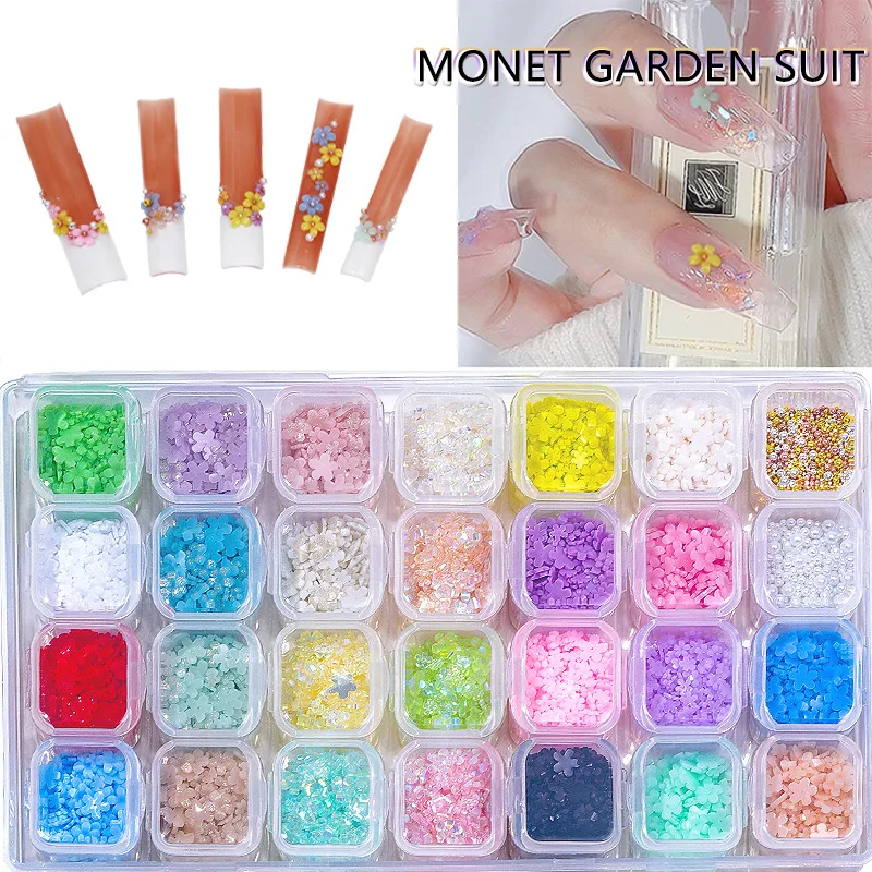 

New 28-grid Storage Box Macaron Three-dimensional Resin Bear Five-petal Flower Mixed Pearl Aurora DIY Nail Jewelry Accessories