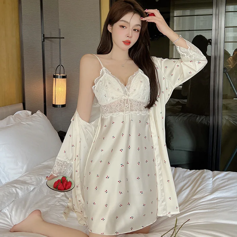 Female Twinset Robe Set Elegant French Style Sleepwear Summer Sexy Lace Bathrobe Nightgown Loose Print Rayon Home Dress