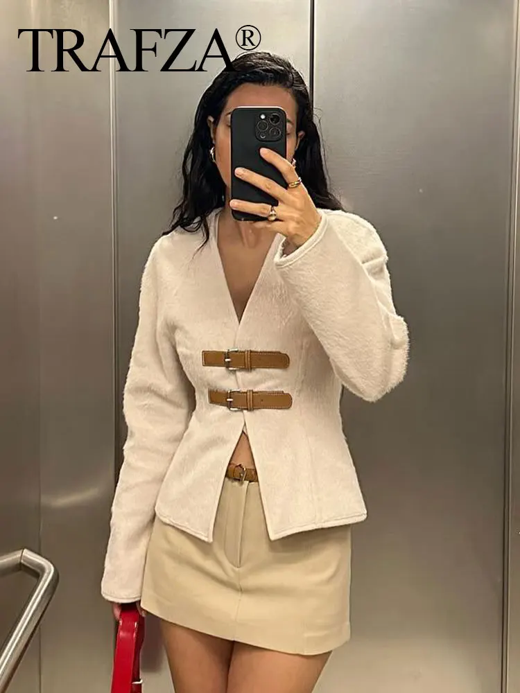 TRAFZA Spring Woman Fashion Coat Solid V-neck Long Sleeve Belt Cardigan Jacket Female Casual Chic Slim Women's New In Coats Top