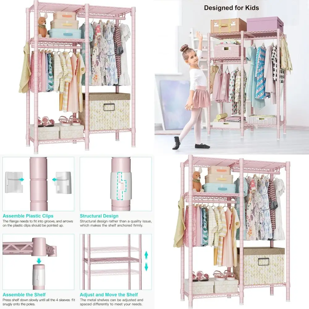 

4-Tier Portable Metal Clothing Rack for Kids, Baby, and Students - Pink, 31.2W x 11.8D x 48H