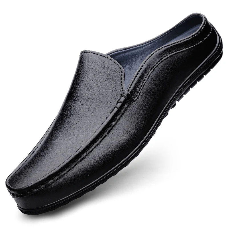 Men's Leather Mule Loafers, Backless Slip-On Casual Driving Shoes, Comfortable Half Slippers for Men, Black/Brown