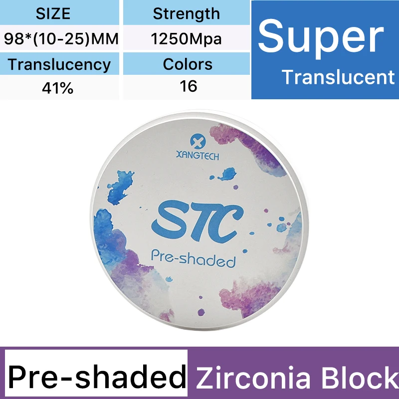 XANGTECH Super Translucent Preshaded Zirconia Discs 16 Colors Strength 1250Mpa 98mm Cad Cam System For Dental Restoration