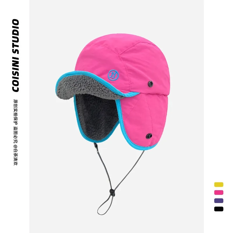 New Contrasting Color Ear Protection Baseball Cap for Men and Women Winter Plus Velvet Warm Outdoor Cycling Lace-up Bomber Hats