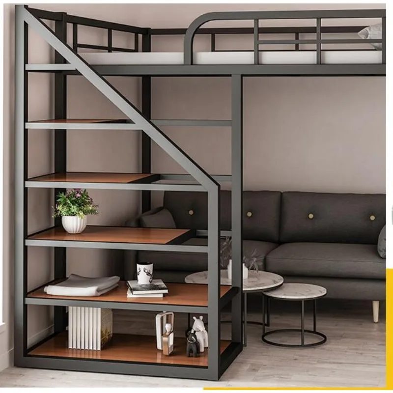 Iron work elevated bed empty single upper floor space saving attic bunk apartment high and low iron frame bed