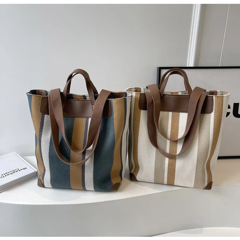 

Women's Tote Bag Handbag Shoulder Rectangular Summer Popular Bag New Summer 2024 Cloth Shopper Canvas Stripe Large Handbag