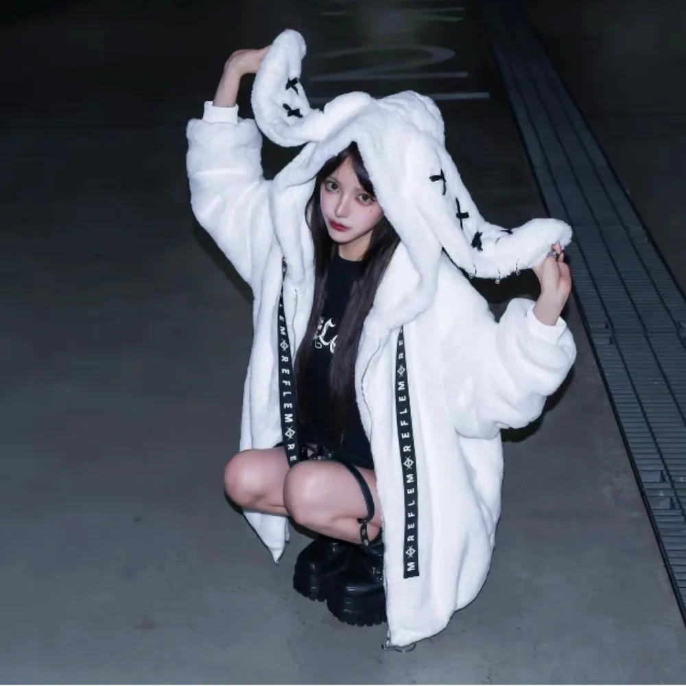 اليابانية Kawaii البلوز طويلة الأكمام المرأة عادية بلون آذان أرنب Harajuku البلوز الحلو قلنسوة بسحاب الخريف القمم #6