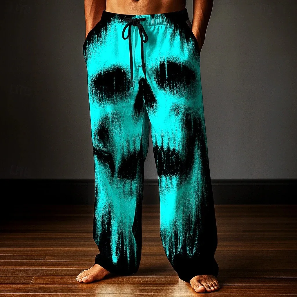 Creepy Faded Skull Unisex Straight‑Leg Jogger Pants, Loose Casual Trousers For Halloween Costume Gothic Party Street Night Out
