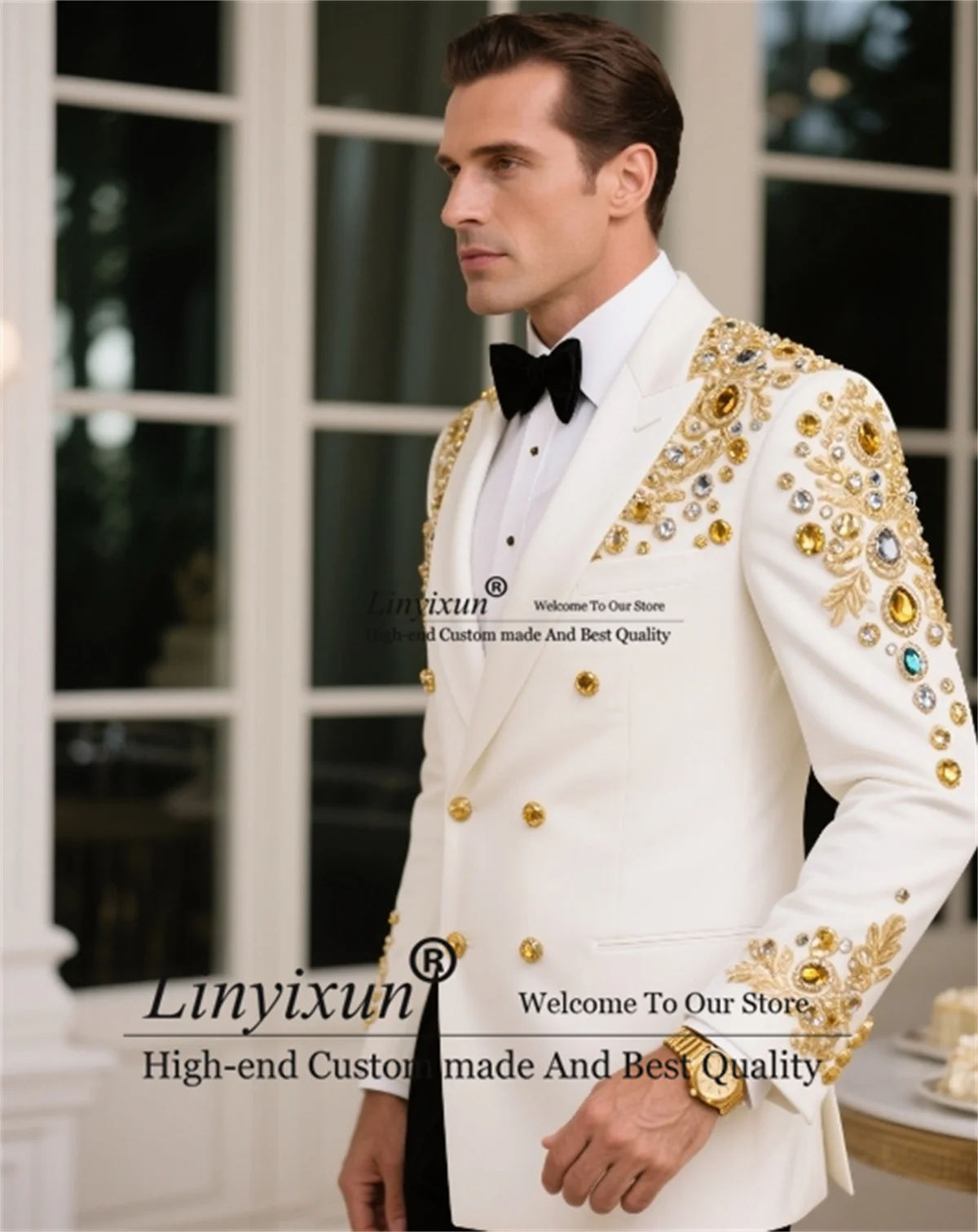 

Sparkly Metal Embellished Men Suits 2 Pieces Sets Party Prom Blazer Business Slim Male Groom Tuxedos Customized Costume Homme