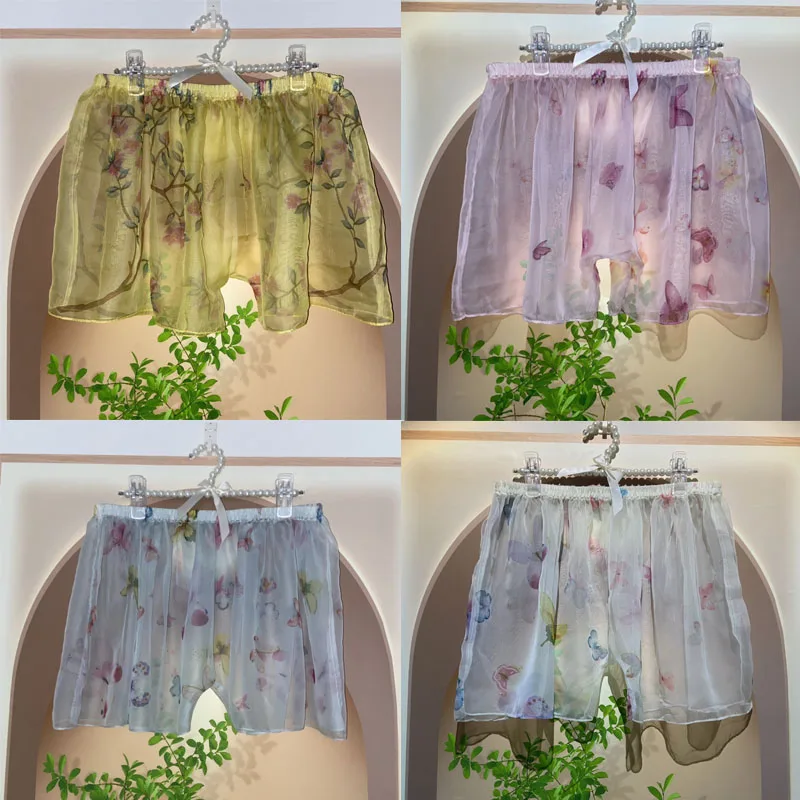 Ultra Thin Transparent Tulle Glossy Floral Print Sexy Men's Shorts Women Silky Touch Home Loose Sleeping Bottoms Plus Size