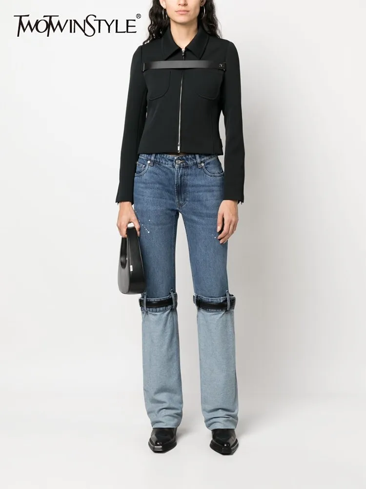 TWOTWINSTYLE Patchwork Belt Hit Color Denim Pants For Women High Waist Tunic Spliced Button Wide Leg Jeans Female Fashion Style