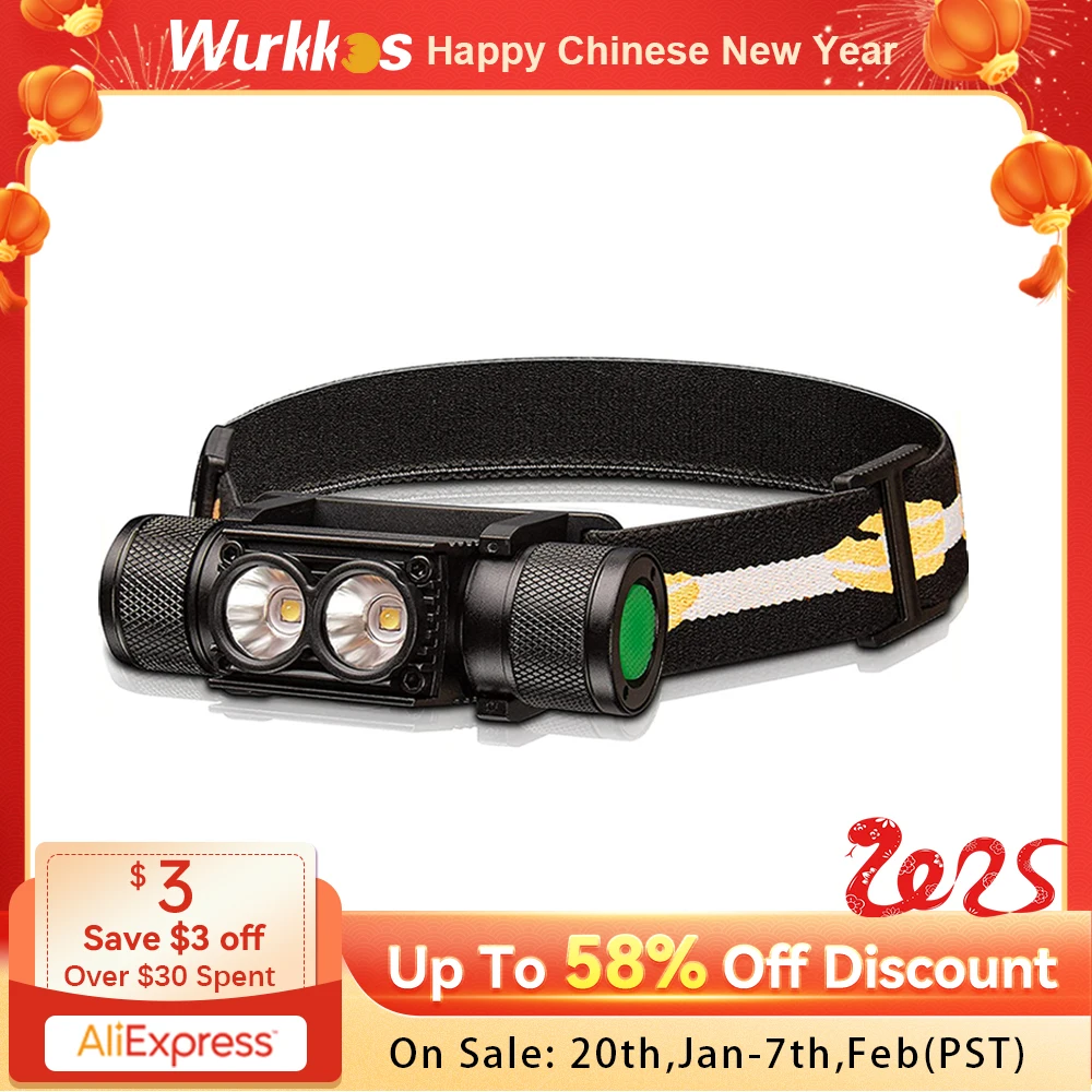 Wurkkos H25L USB Rechargeable 1200LM 18650 Headlamp Dual LH351D 90CRI 5000K Head Flashlight IPX4 Camping Fishing Torch