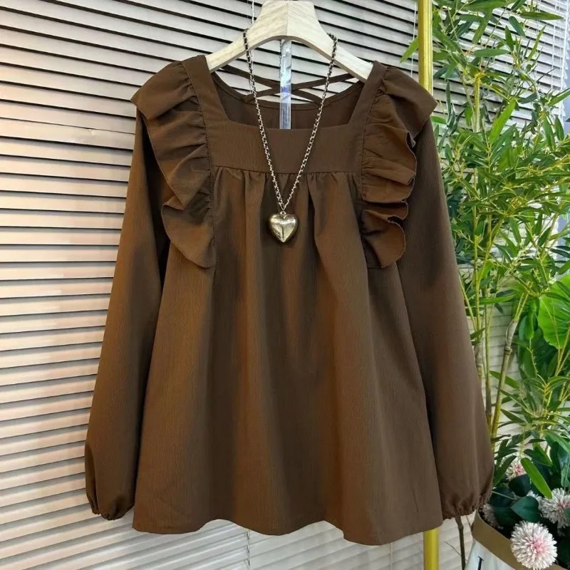 Loose Blouse Women Solid Square Collar Ruffles Simple All-match XL-6XL Slim Korean Sttyle Cross Bandage Design Chic Outerwear