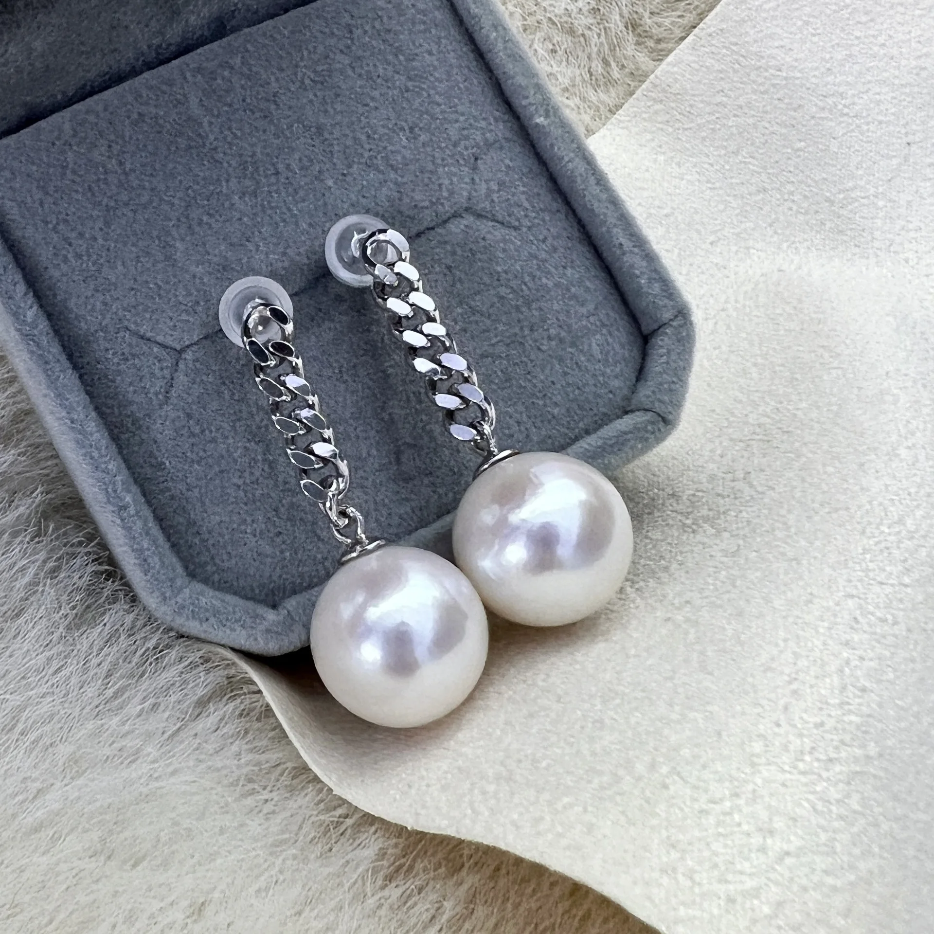 925 Silver 12-13mm Natural Freshwater Pearl Earrings, Perfect Round Slight Flaws with Silver Chain, Chic Stud Ear Jewelry Gift