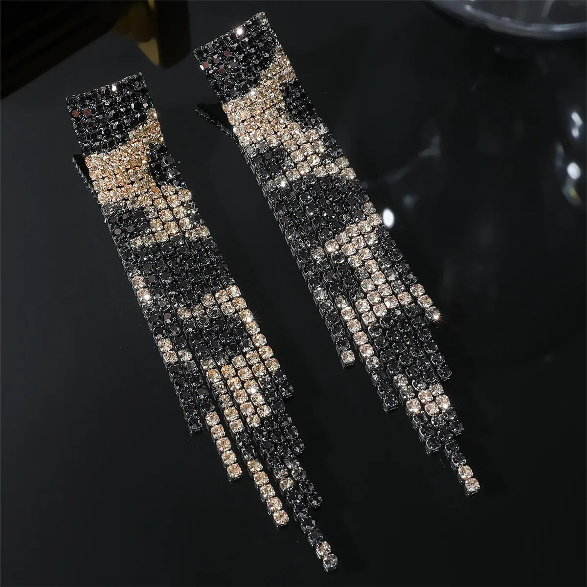 Retro shiny full diamond long tassel earrings