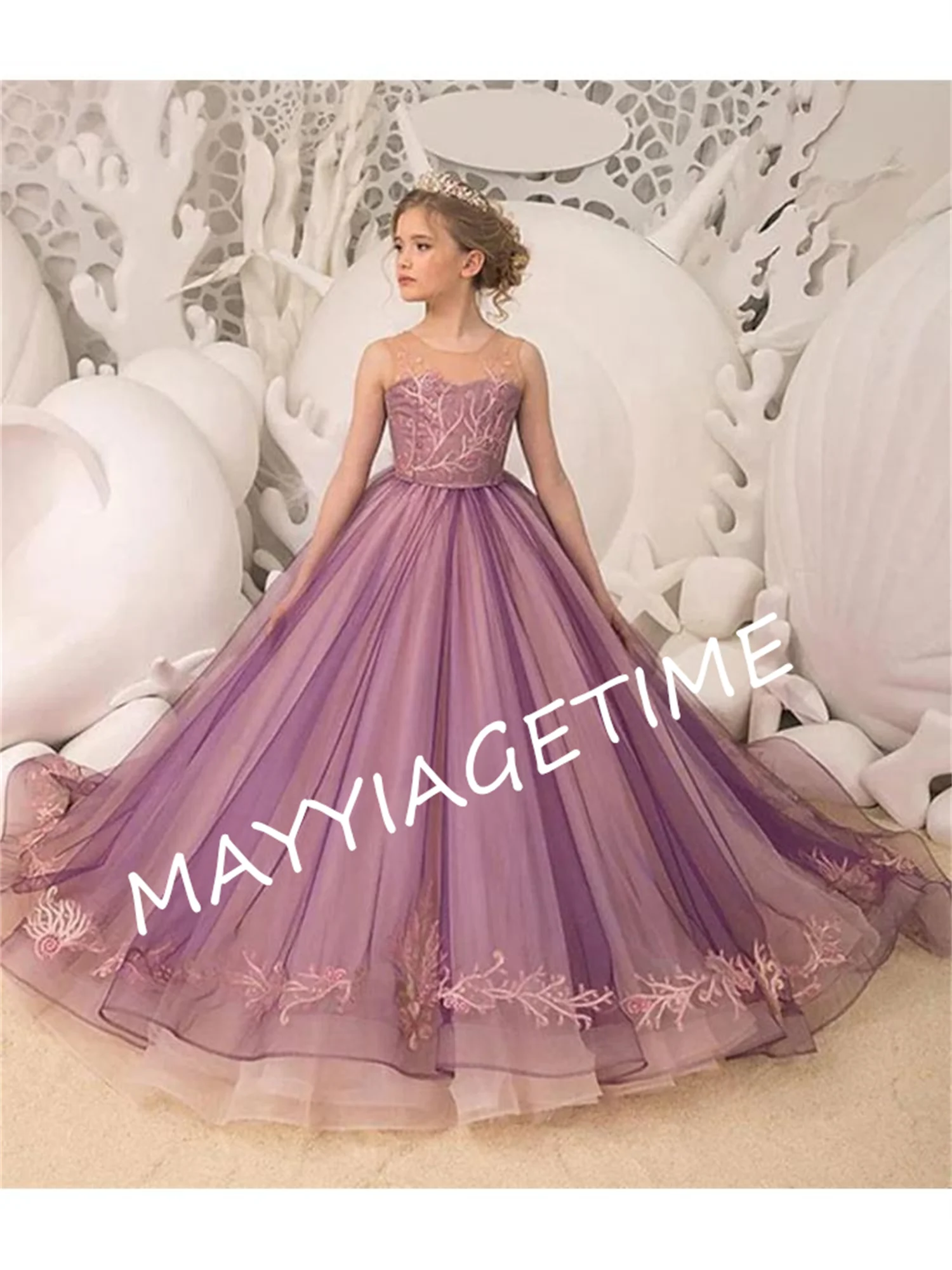 Vestidos Flor Roxo com Tule Lace Applique, Linha A, Até o Chão, Sem Mangas, Casamento, Festa de Aniversário