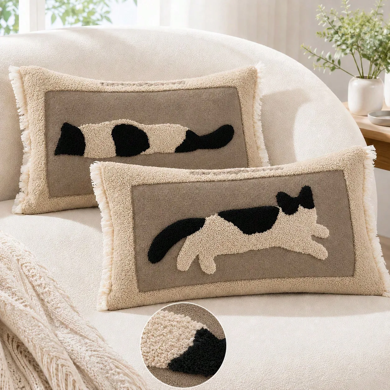 30x50cm (12x20in) Cute Tufted Cat Lumbar Pillow Cover, Towel Embroidery Decorative Throw Pillow Case, Comfortable Bohemian Neutral Farmhouse Style, Suitable For Sofa Bed Bedroom Living Room Home Decor, Gift, Pillow Insert Not Included