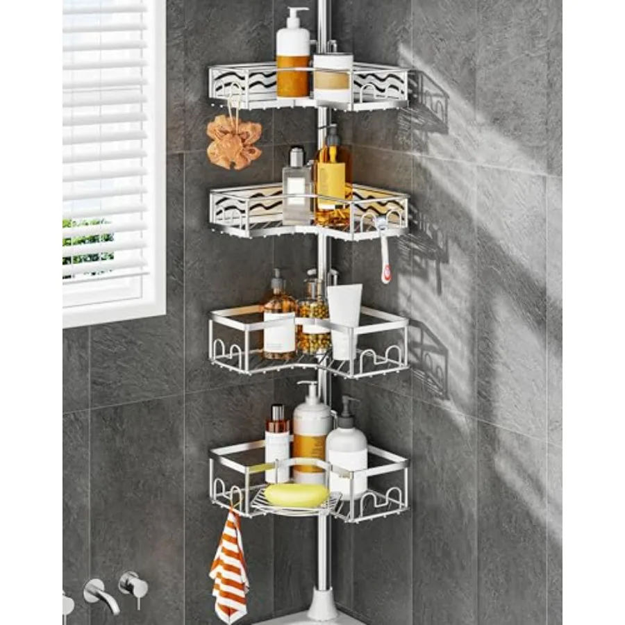 

Corner Shower Caddy Tension Pole with 4 Repositionable Hang-On Baskets, Mixed-Height Shelves for Tall Bottles, 8 Dual Hooks and