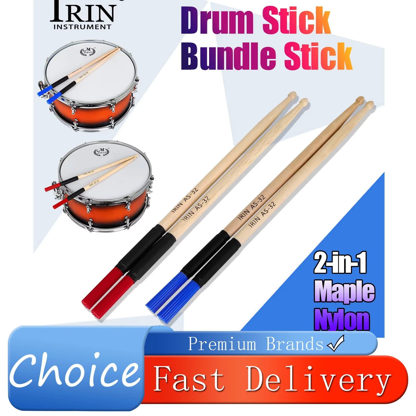 

IRIN AS-32 Drumstick Brush Bundle Stick Nylon Maple Dual Purpose Drumsticks Teardrop Head Percussion Instruments Accessories
