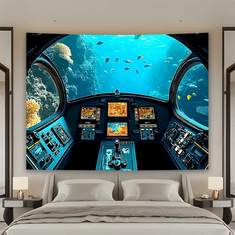 Deep Sea Submarine View Tapestry Ocean Life Nautical Sci Fi Wall Hanging Decor Art Print Large Tapestry