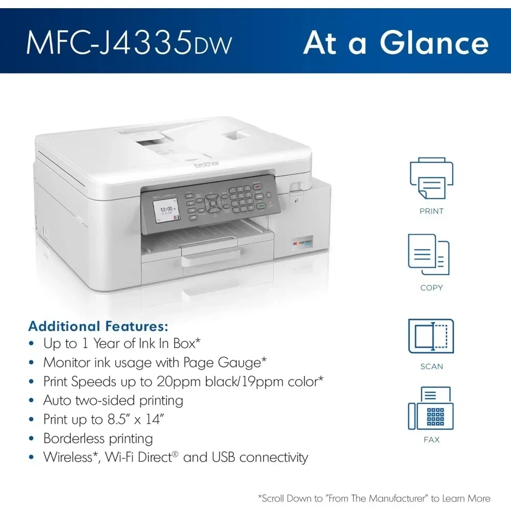 MFC-J4335DW All-in-One Printer with Duplex and Wireless Printing Plus Up to 1-Year of Ink in-Box