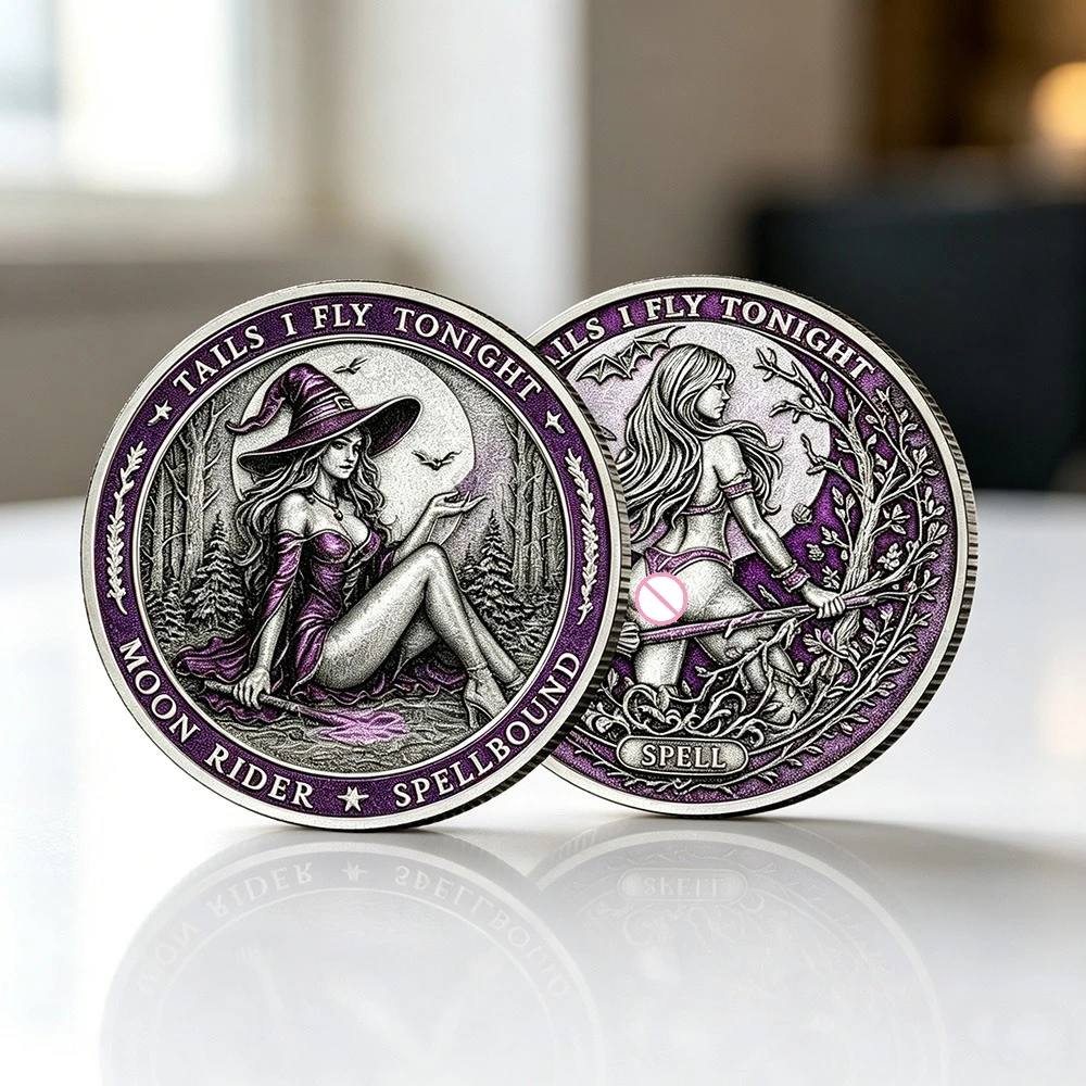 2026 New Moon Rider Witch Coin Purple Copper Women Coins Spellbound Gothic Fantasy Challenge Coin Halloween Gift Gothic Decor