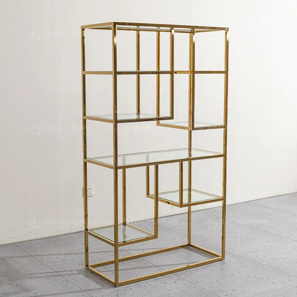 Metal 4 Shelf Golden Stainless Steel Finish Bookcase Home Furniture  Corner Tall Wine Cabinet