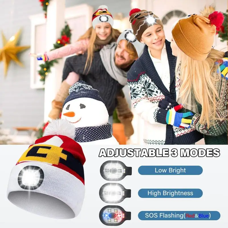 Led Light Knitted Hat Cartoon Warm Elastic Beanie Headlight Autumn Winter Outdoor Sport Night Hiking Fishing Camping Glow Bonnet