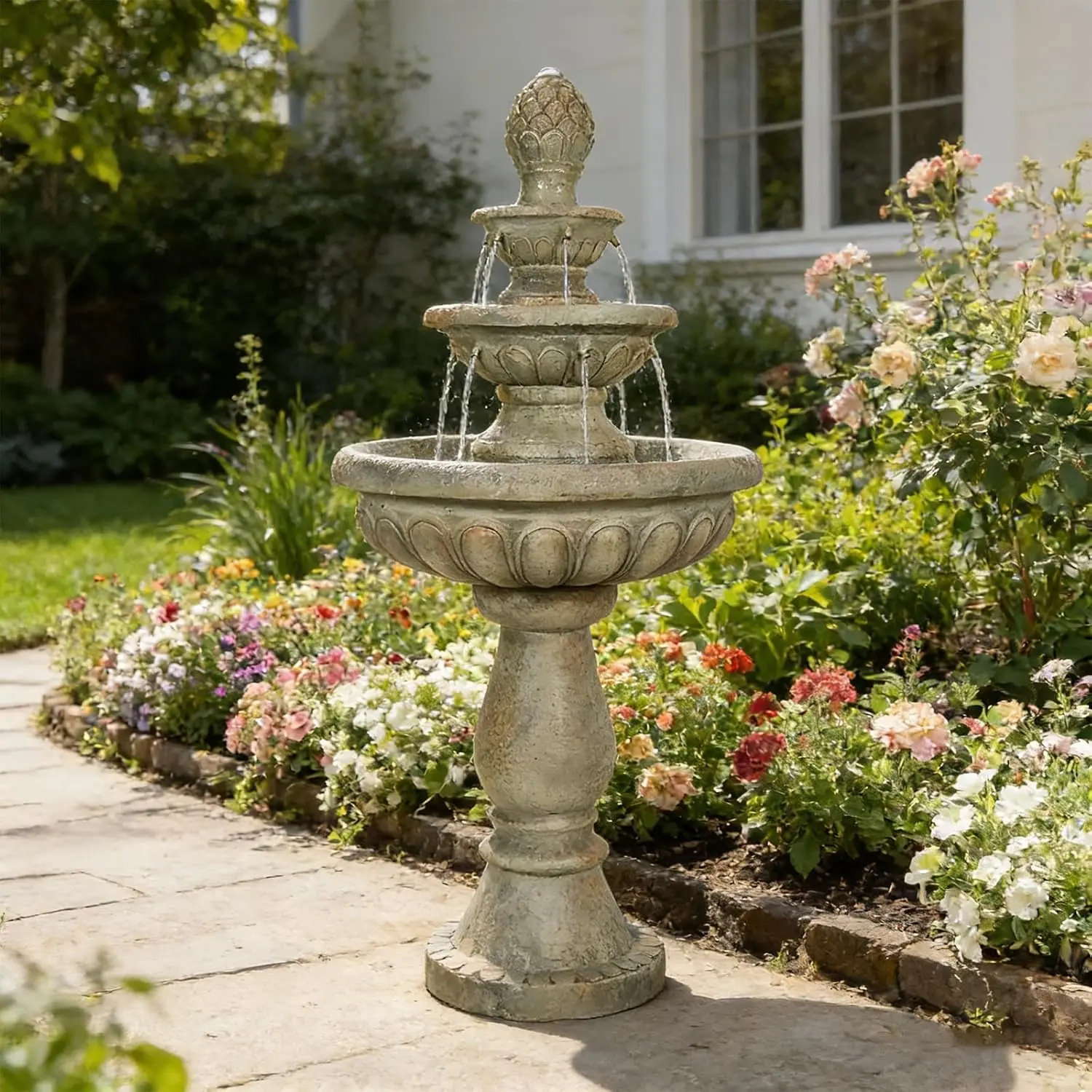 

42.5" 3-Tier Cascading Waterfall Fountain, Fiber Reinforced Concrete for Garden Patio Backyard Lawn Yard Decor, Custom