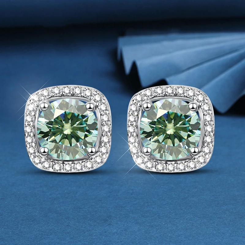 

Houtros 1CT Green White Moissanite Stud Earrings for Women S925 Silver Square Wedding Diamond Earring Luxury Jewelry Certified