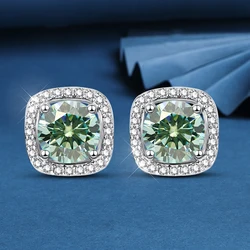 Houtros 1CT Green White Moissanite Stud Earrings for Women S925 Silver Square Wedding Diamond Earring Luxury Jewelry Certified