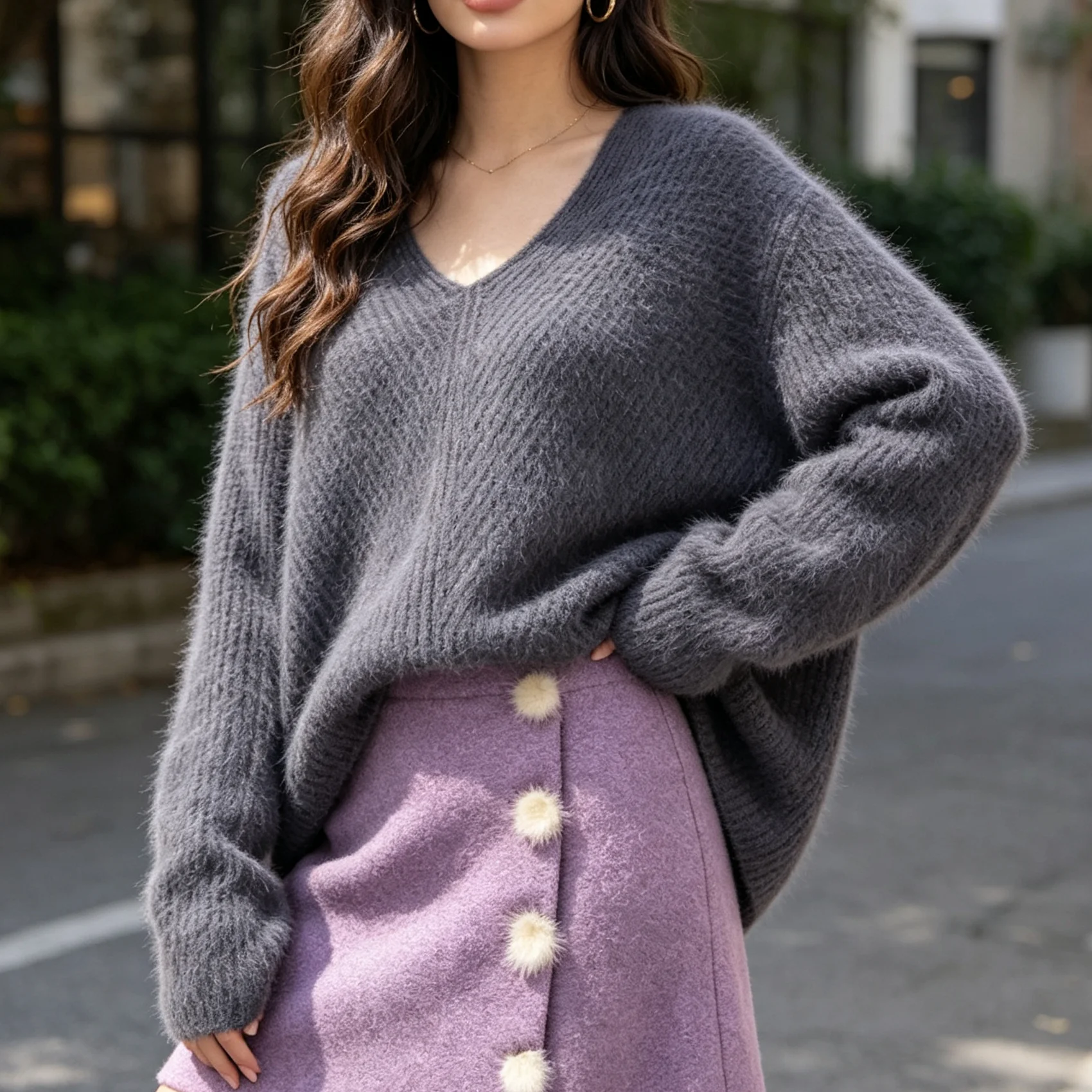 

Ladies Women Angora Mink Fur Sweater V-Neck Long Sleeves Loose Fluffy Ribbed Knit Pullover Warm Lazy Oaf Casual Jumper Pull Top